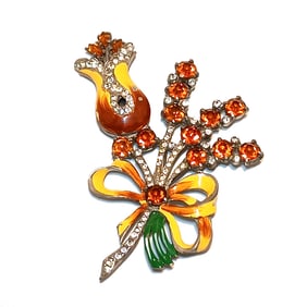 VINTAGE REINAD HUGE FIGURAL TULIP BOUQUE ENAMELED BROOCH 3.75"