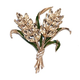 A SUPERB LARGE VINTAGE CORO ENAMELED FLOWER RHINESTONE BROOCH 4"