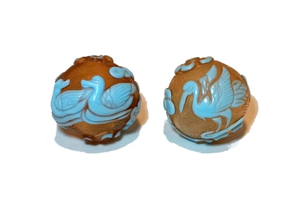 LOT OF 2 HAND CARVED CHINESE PEKING GLASS OVERLAY GLASS BEADS DUCKS LOTUS
