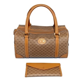 A VINTAGE AUTHENTIC GUCCI GG CANVAS BOSTON BAG & WALLET WITH SERIAL NUMBER