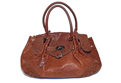 AUTHENTIC MOSCHINO VINTAGE EMBROIDERED LEATHER SATCHEL WITH HEART KEY CHARM & PADLOCK BAG