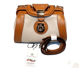 A VINTAGE DIVINA FIRENZE ITALIAN BROWN & CREAM LEATHER SATCHEL BAG