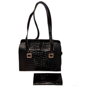 VINTAGE MARAOLO ITALY CROCODILE-EMBOSSED LEATHER HANDBAG & MATCHING WALLET