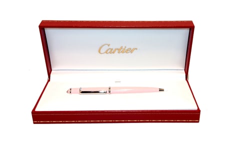 A FINE CARTIER MINI DIABOLO DE CARTIER PINK LACQUER BALLPOINT PEN WITH ORIGINAL BOX
