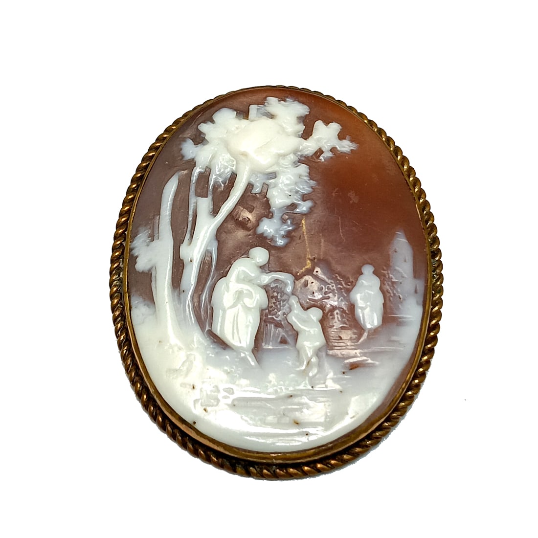 A FINE ANTIQUE VICTORIAN BROOCH SHELL CAMEO MOTHER CHILD FIGURAL: THE FINE ANTIQUE SHELL CAMEO BROOCH IS SO BEAUTIFUL CARVED. IT DEPICTS A RARE SCENE. IT IS VICTORIAN AND THE C CLASP HAS BEEN REPLACED LATER. THE CAMEO IS 1.75" BY 1.4". GOLD TONE FRAME. WE PROVIDE FR