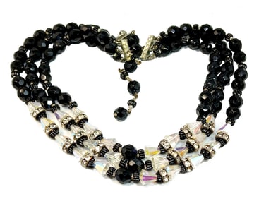 A VINTAGE ART DECO NECKLACE 3 STRANDS FACETED BLACK AND CLEAR CRYSTAL