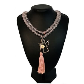 A SUPERB FACETED ROSE QUARTZ PRAYER NECKLACE ANGEL PENDANT 33"