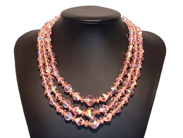A FINE VINTAGE 3 STRANDS PINK CRYSTALS NECKLACE 15"