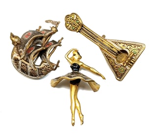 LOT OF 3 FINE VINTAGE SPANISH DAMASCENE BROOCHES
