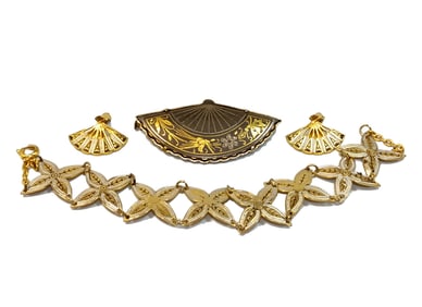 A FINE VINTAGE DAMASCENE LOT BRACELET EARRINGS BROOCH