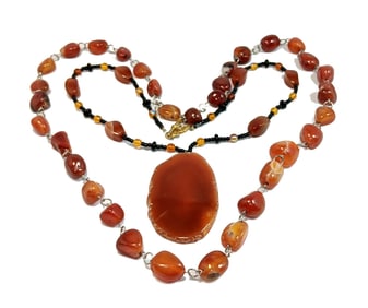 LOT OF 2 VINTAGE LARGE CARNELIAN AGATE NECKLACES 32" AND 20"