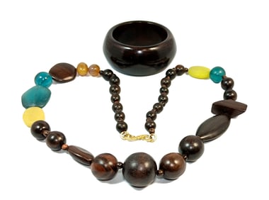 VINTAGE NECKLACE AND BRACELET IN WOOD AGATE AND SEA GLASS