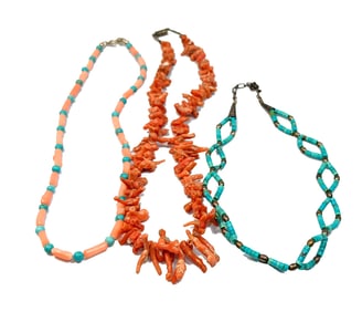 LOT OF 3 SOUTHWESTERN NATURAL CORAL TURQUOISE NECKLACES