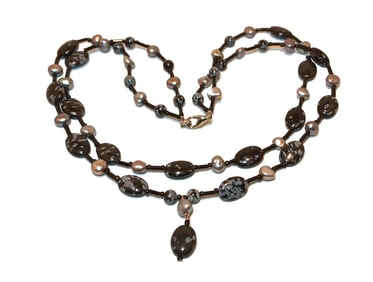 A BEAUTIFUL VINTAGE 2 STRANDS NECKLACE JASPER FRESHWATER PEARLS 17"
