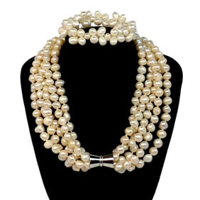 A FABULOUS VINTAGE 5 STRANDS FRESHWATER PEARLS NECKLACE BRACELET