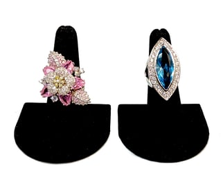 LOT OF 2 BEAUTIFUL VINTAGE LARGE CUBIC ZIRCONIA RINGS THAILAND
