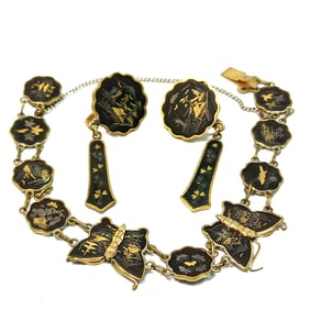 BEAUTIFUL VINTAGE JAPANESE DAMASCENE LOT BRACELET AND EARRINGS