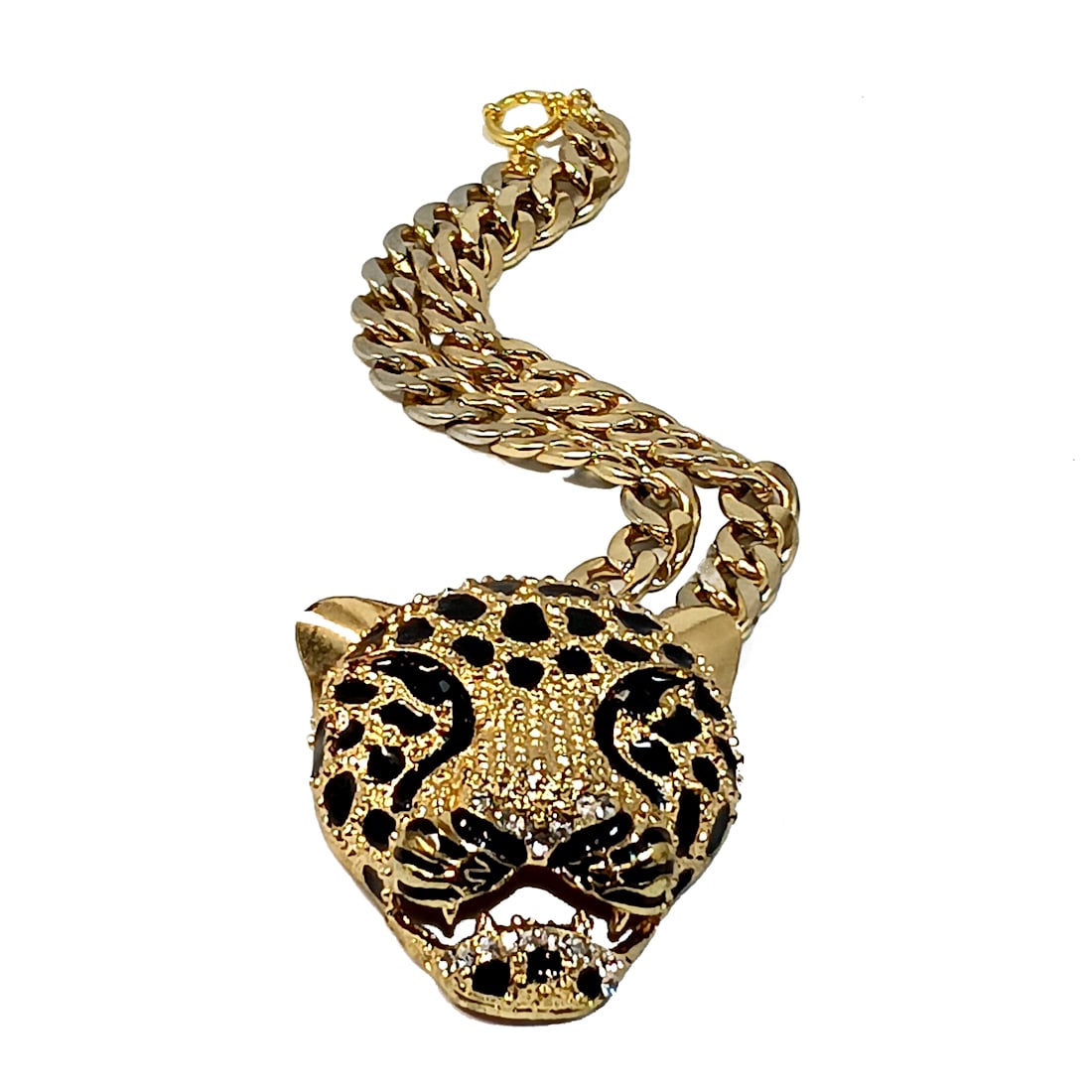 A FABULOUS VINTAGE STATEMENT NECKLACE LARGE LEOPARD HEAD: THE BEAUTIFUL VINTAGE STATEMENT NECKLACE IS FEATURING A LARGE LEOPARD HEAD PENDANTS 3" BY 2.5", ENAMELED AND STUDDED WITH RHINESTONES. THE NECKLACE IS 19" LONG. IT IS SUBSTANTIAL WELL CONSTRUCTED. WE 