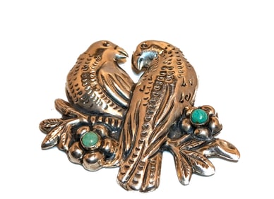 A VINTAGE LARGE SIGNED SILVER BROOCH BIRDS TURQUOISE MEXICO