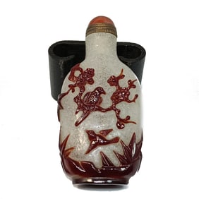 FINE ANTIQUE CHINESE 19TH CENTURY PEKING GLASS SNUFF BOTTLE BIRDS