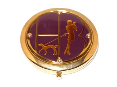 VINTAGE HENRI BENDEL COLLECTIBLE COMPACT MIRROR PURPLE ENAMEL WOMAN DOG