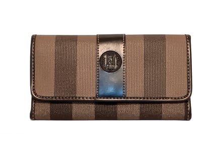 A VINTAGE 80S -90S FENDI PEQUIN STRIPE WALLET BROWN & BLACK CANVAS WITH LEATHER TRIM