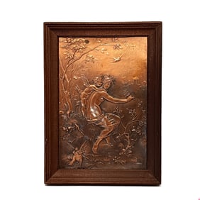 A VINTAGE ROMANTIC COPPER REPOUSSE RELIEF OF WOMAN AND CUPID FRAMED WALL ART