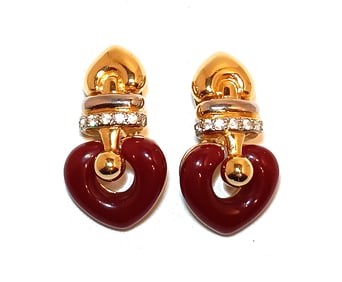 A VINTAGE 1980S JP SIGNED CLIP-ON RED HEART DROP EARRINGS WITH RHINESTONES