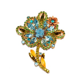 EXQUISITE VINTAGE LARGE JULIANA STYLE FLORAL BROOCH BLUE GREEN RHINESTONES ENAMEL