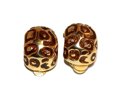 FINE VINTAGE LEOPARD PRINT ENAMEL CLIP-ON EARRINGS GOLD TONE UNSIGNED