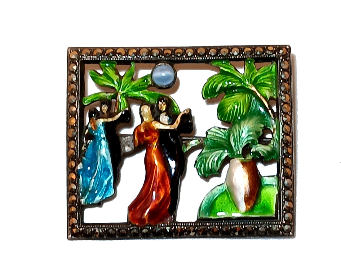 RARE ART DECO STERLING & ENAMEL DANCING ISLAND SCENE BROOCH  SIGNED TJ USA