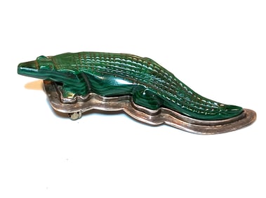 VINTAGE AMY KAHN RUSSELL STERLING & MALACHITE ALLIGATOR BROOCH PENDANT 25 GRAMS