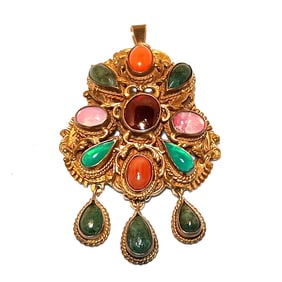 EXQUISITE RARE AUSTRO-HUNGARIAN RENAISSANCE REVIVAL GILT SILVER BROOCH PENDANT C. 1900 GEMSTONES