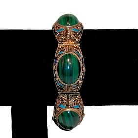 RARE ANTIQUE CHINESE SILVER FILIGREE ENAMEL & MALACHITE BRACELET 7.25" - 52 GRAMS