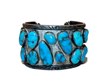 VINTAGE NAVAJO STERLING CUFF BRACELET WITH TUQUOISE NUGGETS  127 GR   2.4" INNER DIAMETER