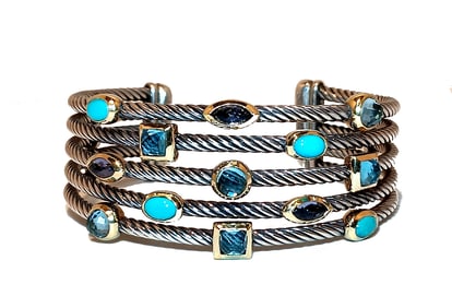 DAVID YURMAN STERLING & 18K GOLD CABLE CUFF BRACELET WITH GEMSTONES