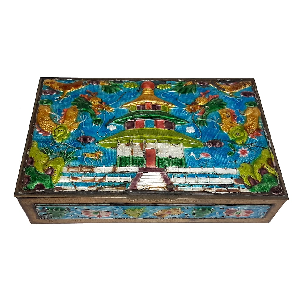 ANTIQUE CHINESE CLOISONNE ENAMEL BOX WITH IMPERIAL DRAGONS SIGNED CHINA: A STRIKING ANTIQUE CHINESE ENAMEL ON COPPER BOX, FEATURING TWO IMPERIAL DRAGONS FACING EACH OTHER AMIDST A VIVID SKY-BLUE BACKGROUND, FLANKING A TRADITIONAL PAGODA. SURROUNDED BY DEER, STORK, AND LOTU