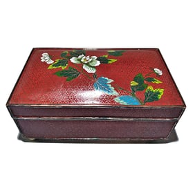 A RARE ANTIQUE  LARGE CHINESE CLOISONNE BRONZE FOOTED BOX WITH FLORAL ENAMEL & ZITAN WOOD INTERIOR