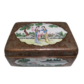 HEAVY ANTIQUE CHINESE ENGRAVED BRONZE ENAMEL BOX MARKED "CHINA"  LATE QING/EARLY REPUBLIC