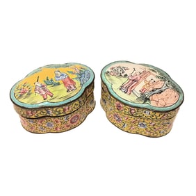 FINE PAIR OF ANTIQUE CHINESE IMPERIAL YELLOW ENAMEL ON COPPER BOXES QIANLONG MARKED