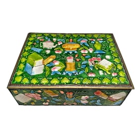 ANTIQUE CHINESE ENAMELED COPPER BOX WITH IMMORTAL OBJECTS & MATCHING TRAYS