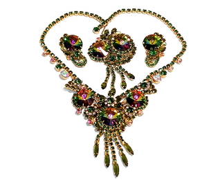 EXQUISITE VINTAGE JULIANA  WATERMELON RIVOLI RHINESTONE NECKLACE EARRINGS BROOCH SET