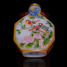 FINE CHINESE ENAMEL PEKING GLASS SNUFF BOTTLE PEONIES BIRDS YONGZHENG MARK