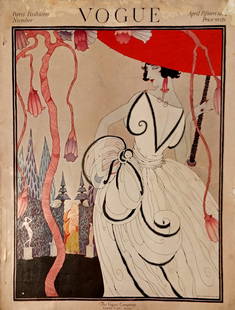 VINTAGE  VOGUE MAGAZINE - APRIL 1921 - PARIS FASHIONS ISSUE WITH ILUSTRATED COVER BY HELEN DRYDEN: A RARE AND COLLECTIBLE ISSUE OF VOGUE MAGAZINE, DATED APRIL 15, 1921, FEATURING AN EXQUISITE ART DECO ILLUSTRATED COVER ATTRIBUTED TO HELEN DRYDEN. THIS "PARIS FASHIONS NUMBER" SHOWCASES THE ELEGANCE
