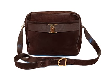VINTAGE SALVATORE FERRAGAMO BROWN SUEDE VARA BOW SHOULDER BAG ITALY 1990S-2000S