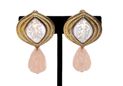 RARE VINTAGE SIGNED STEPHEN DWECK STERLING EARRINGS CONCH CAMEO & ROSE QUARTZ DROPS
