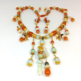 AN EXQUISITE NECKLACE 26" LONG EARRINGS JEWELRY SET BY DESIGNER STEFAN DINU AMBER JADEITE