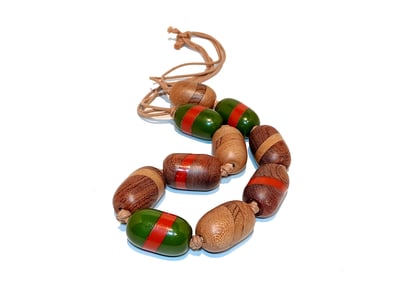 SUPERB VINTAGE 1940S WOOD & INLAID BAKELITE BEAD NECKLACE 30"