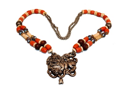 VINTAGE TRIBAL INSPIRED BEADED NECKLACE WITH CLOISONNE & FOO DOG PENDANT 29"