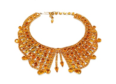 DRAMATIC VINTAGE RHINESTONE COLLAR BIB NECKLACE IN RICH AMBER GOLD TONES